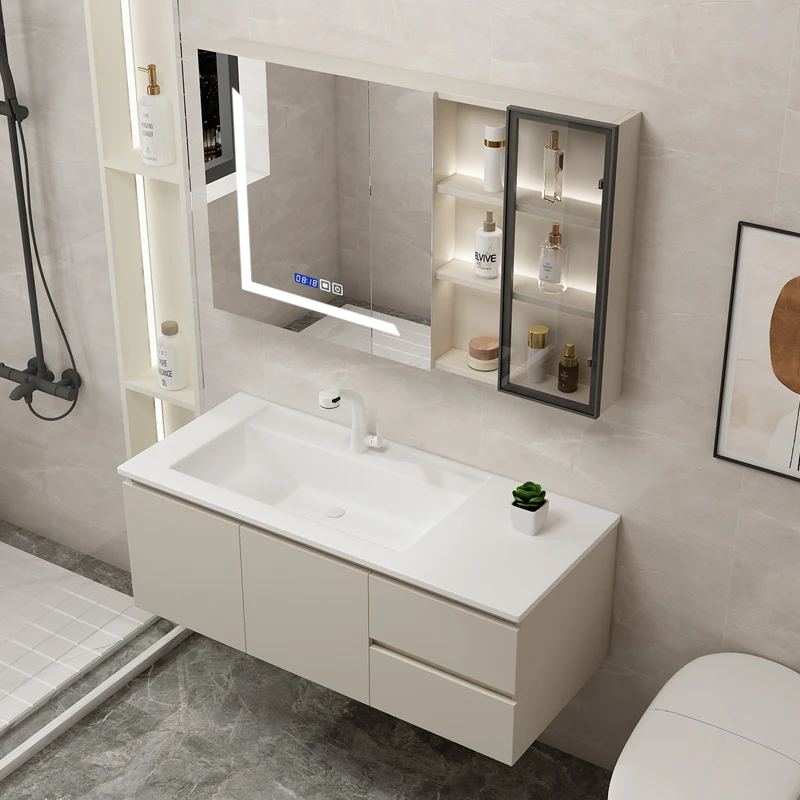 绮美石肤感一体偏盆实木网红浴室柜组合卫生间洗脸盆漱台洗手台