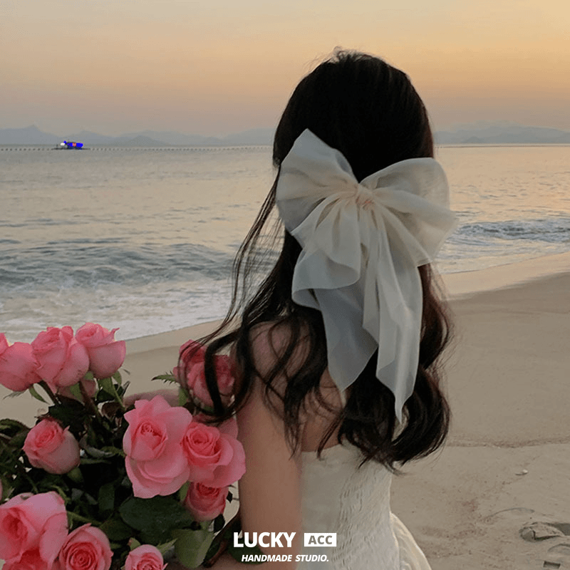 白色网纱大蝴蝶结发夹女后脑勺发饰领证新娘发夹旅拍头饰头纱仙女