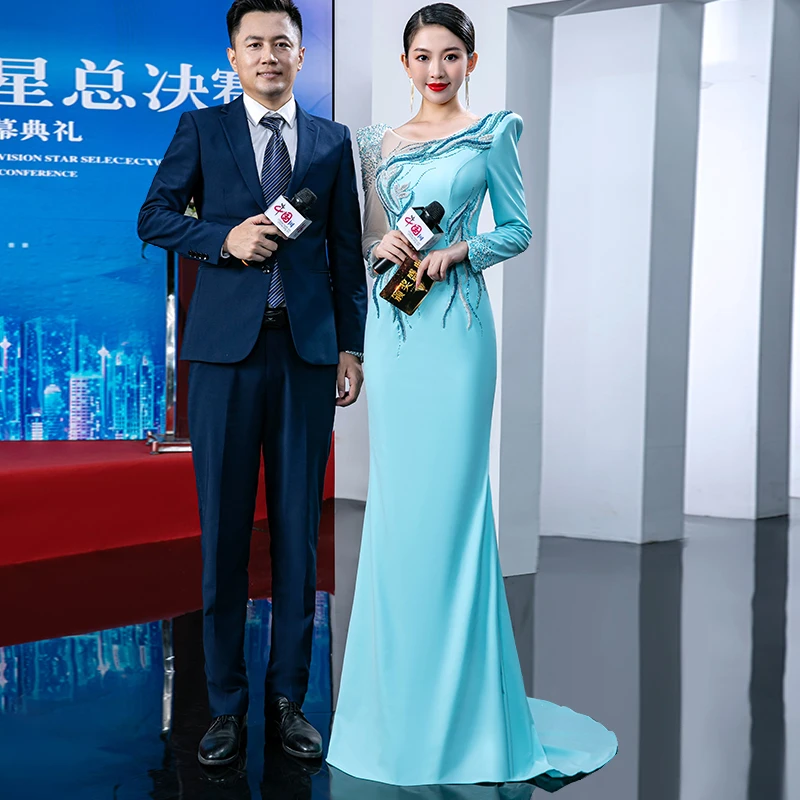 9327时尚晚礼服长款显瘦鱼尾修身走秀宴会长袖喜婆婆装礼服晚宴服
