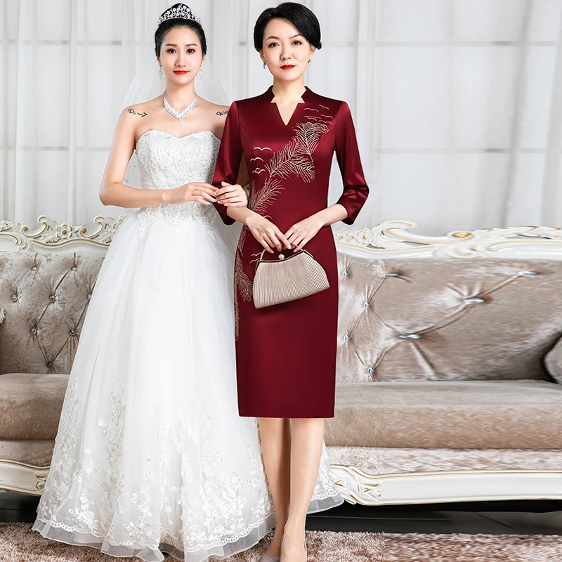 5466贵气喜婆婆婚宴礼服2024新款醋酸面料喜庆红气质绣花丈母娘款