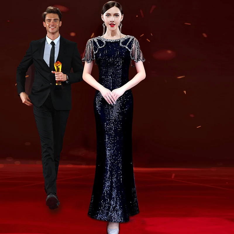 9519长款晚礼服裙女2024新款高级感宴会气质主持人演出服简单大方