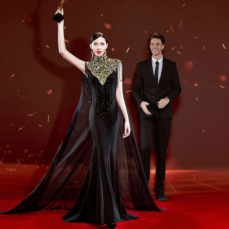 9279高端黑色晚礼服轻奢2023新款主持人宴会定制时尚高定礼服演出