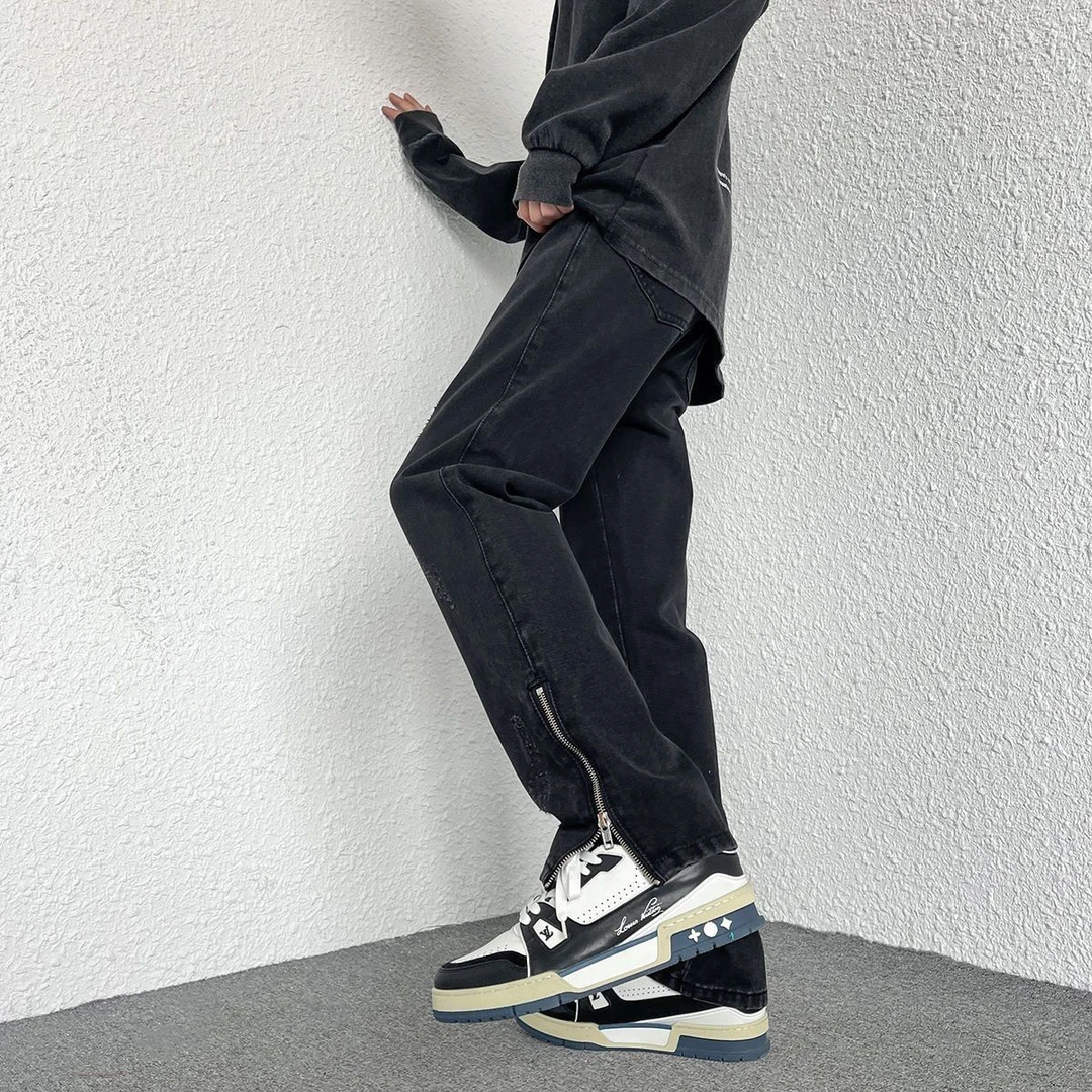 黑色牛仔裤男美式高街vibe雅痞宽松直筒拉链开叉长裤ins潮基础款