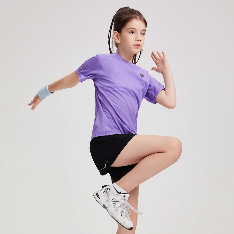 夏季休闲时尚健身透气速干吸汗男女童方格圆领短袖