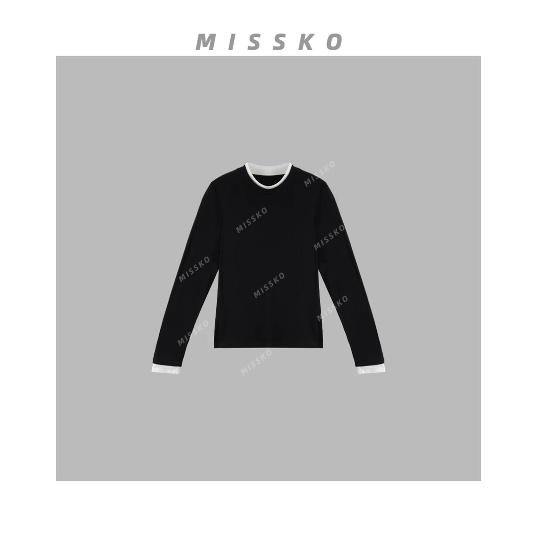 【MISSKO】假两件打底衫 秋季假2件拼接小众显瘦圆领长袖T N259660