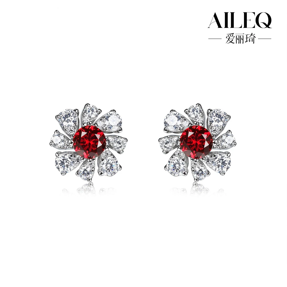 AILEQ 925银耳饰 镶红色优雅轻奢华精致百搭经典花朵耳钉女气质