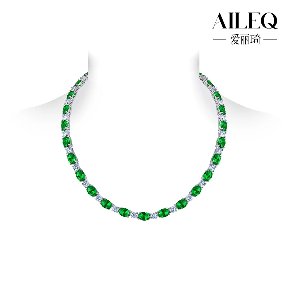 AILEQ 链子925银 镶高碳钻时尚绿宝新中式设计女款戴妃锁骨项链子