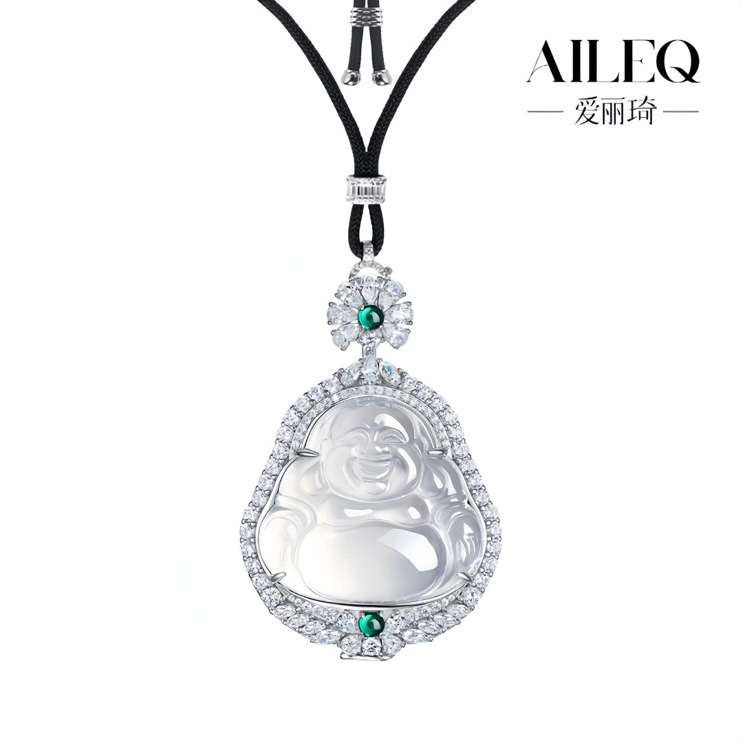 AILEQ 吊坠925银合成锆石 国风白冰石英质玉佛公项链豪华轻奢女