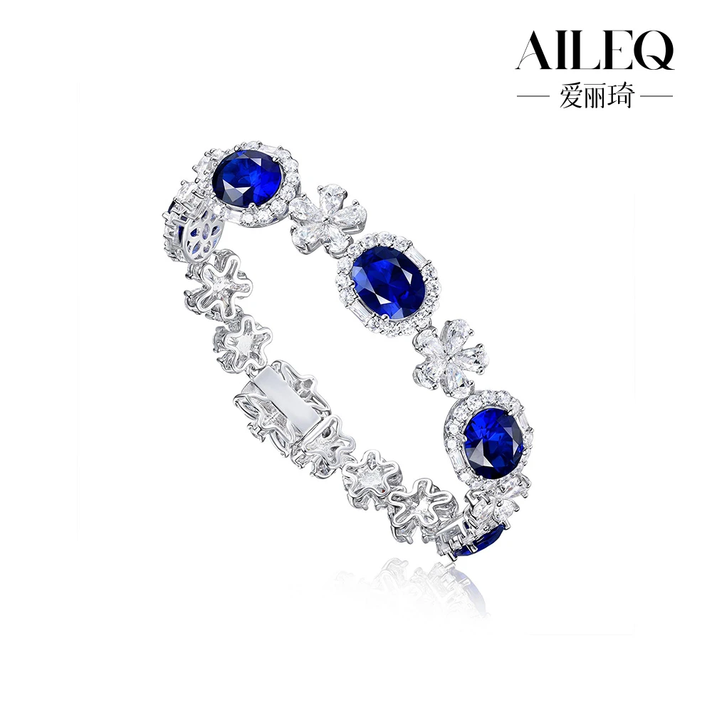 AILEQ 925银合成锆石手链 皇家蓝气质经典时尚五蓝花瓣款高档首饰