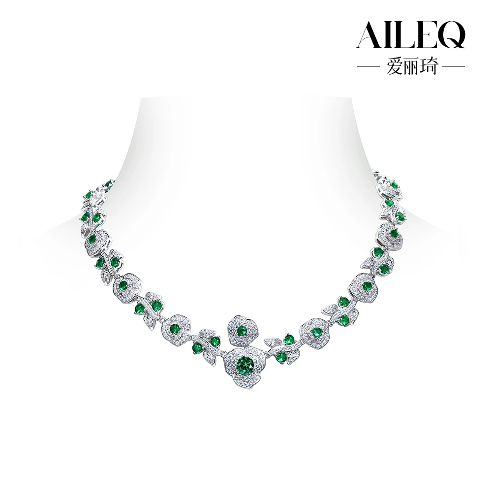 AILEQ 吊坠925银合成锆石 轻奢华绿色时尚晚宴设计师繁花项链女款