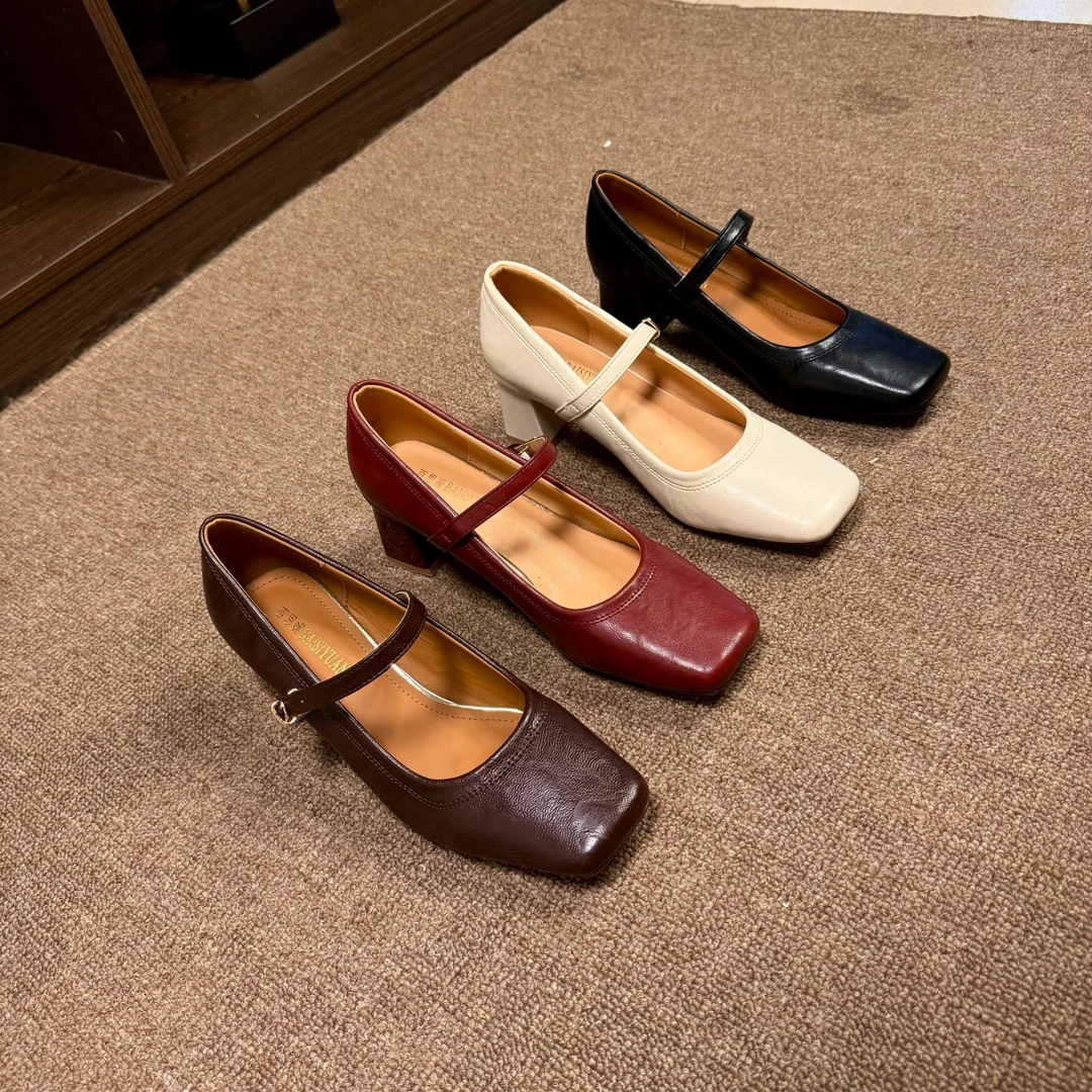 复古粗跟百搭女鞋方头高跟皮鞋平底鞋子单鞋法式浅口跟鞋