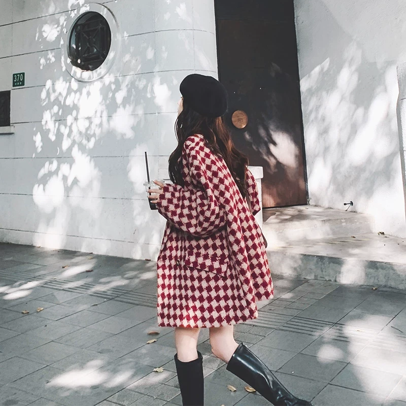红色棋盘格毛呢西装外套女冬季2024新款小个子加厚设计感炸街大衣