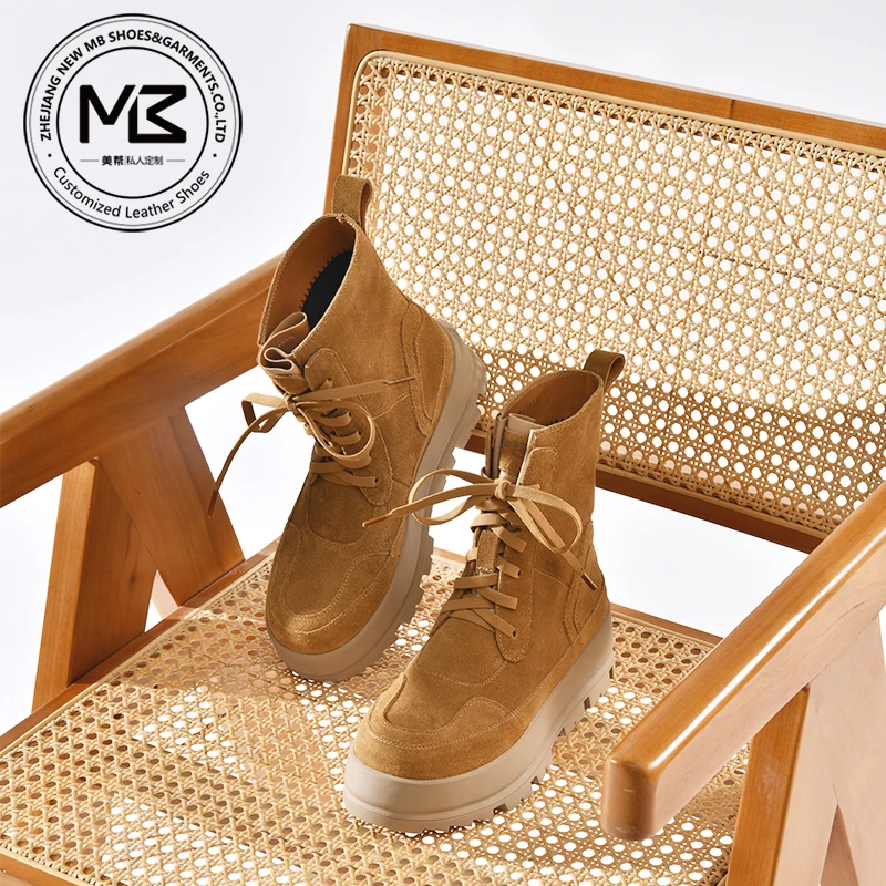 【MB美帮】女士休闲靴防泼水防滑轮胎底拼接系带工装靴时尚百搭