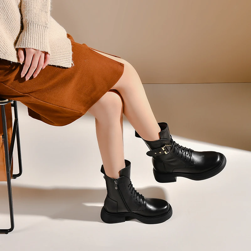 【MB美帮】皮带扣真皮雅丹厚底马丁靴女潮英伦风系带机车靴子短靴