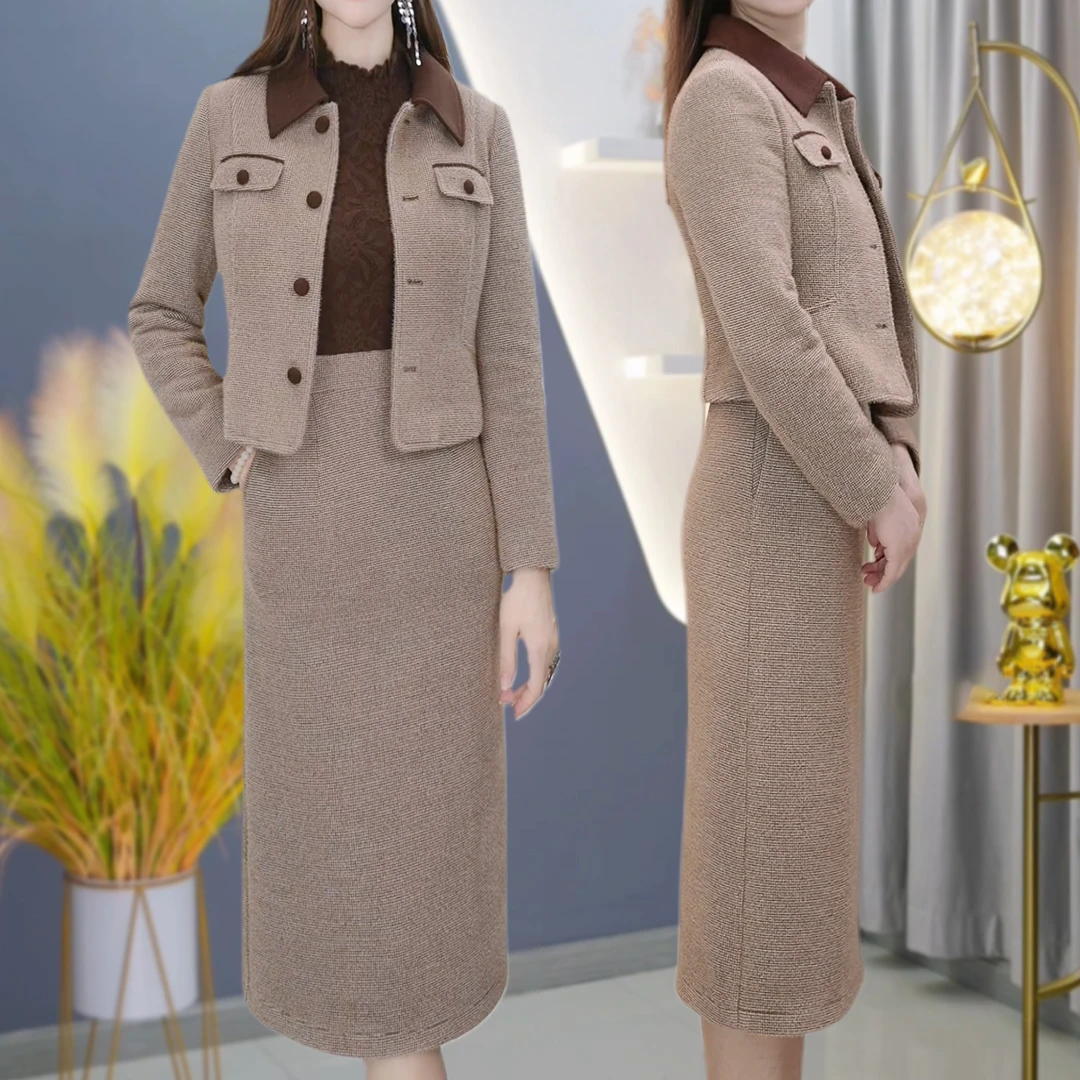 【连衣裙+外套】A616奶茶咖色套装优雅气质时尚减龄显瘦秋冬设计感