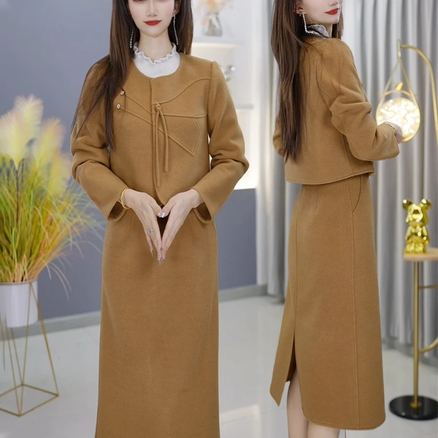 【连衣裙+外套】A565姜黄色套装优雅气质减龄显瘦秋冬设计感