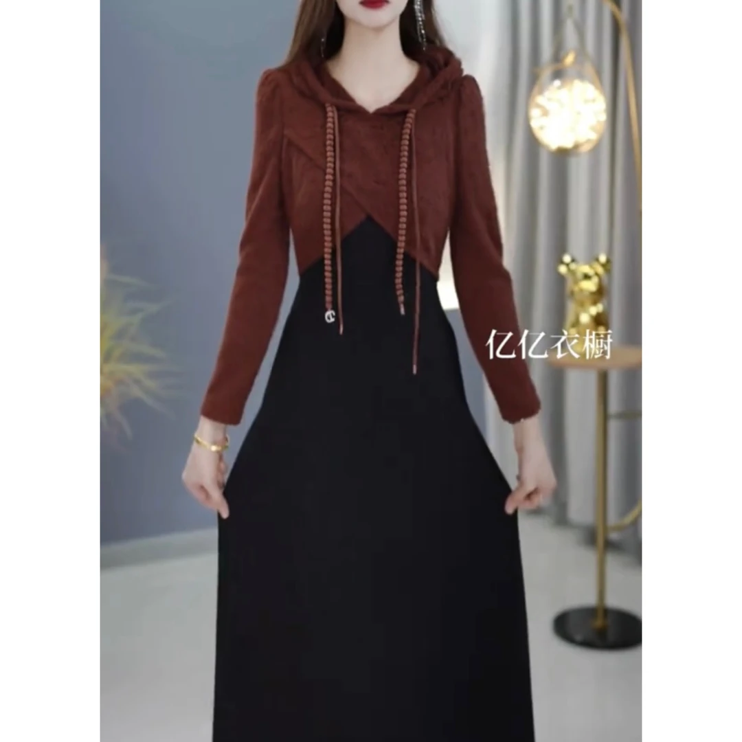【高货定制】A265红棕色连帽连衣裙优雅气质时尚收腰显瘦秋季设计感