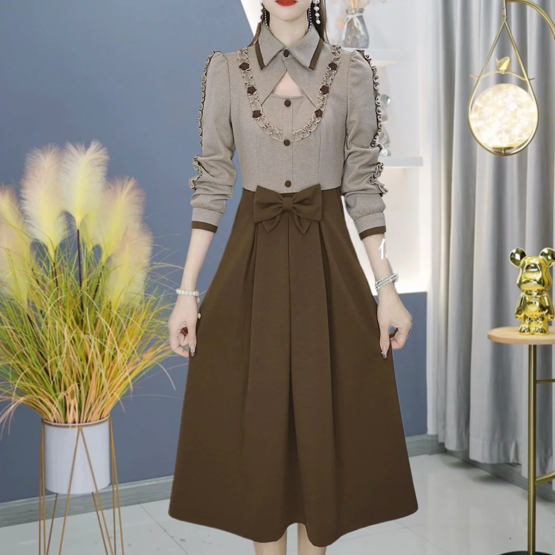 【高货定制】A500奶茶色连衣裙优雅气质时尚减龄收腰显瘦秋冬设计感