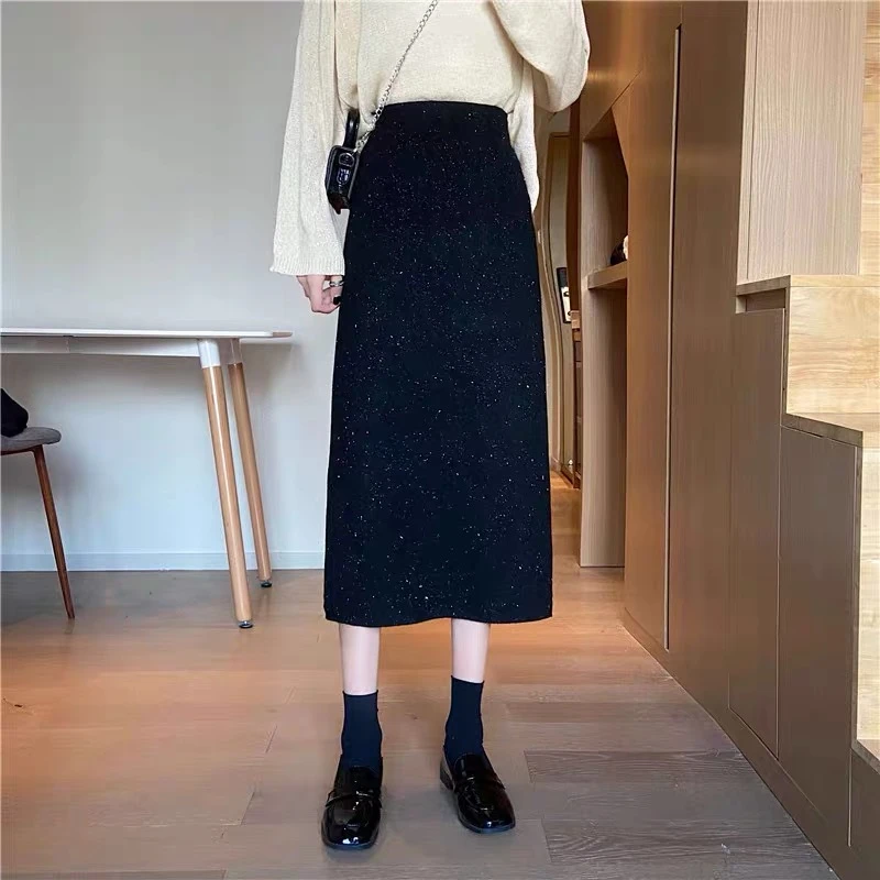 2023秋冬爆闪亮片高腰时尚百搭中长款开叉显瘦女装半身裙