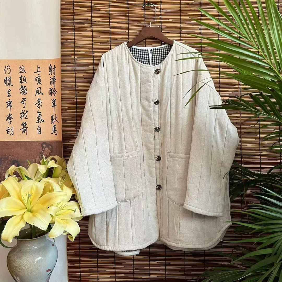 【大梅子推荐】设计款亚麻单排扣棉服X5058