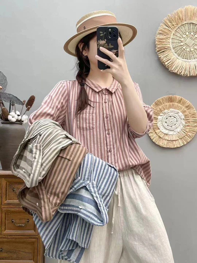夏季新款短袖百搭显瘦纯棉上衣半袖条纹衬衫女