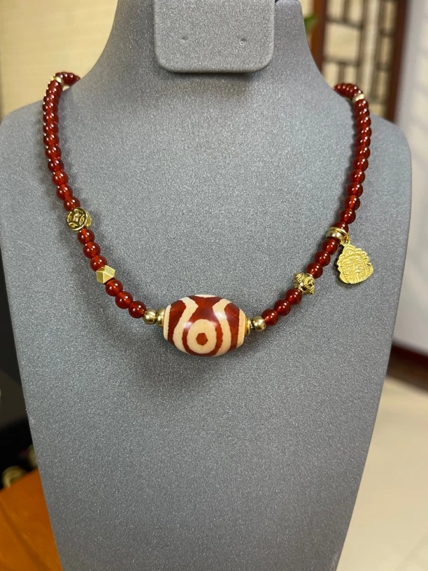 藏式正品红肉三眼锁骨链真品玛瑙玉髓吊坠手工男女项链脖挂坠合金