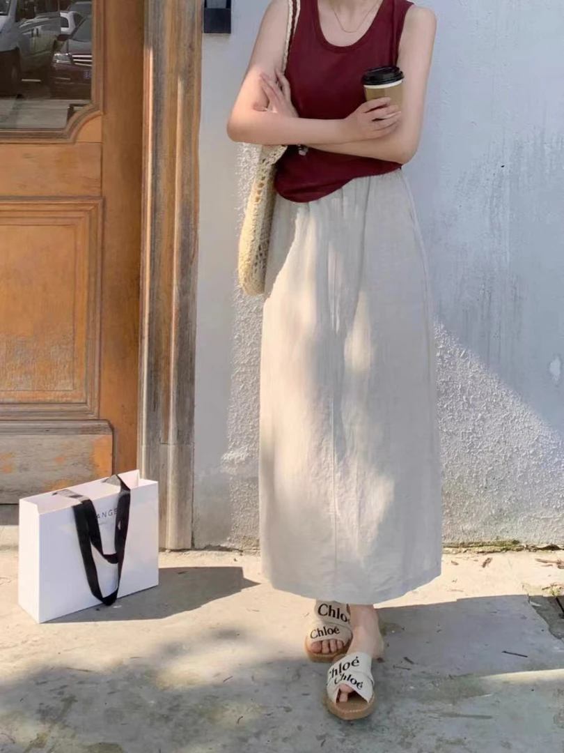 新款【气质素雅】～纯色简约后开叉亚麻轻薄透气中长款显瘦半身裙