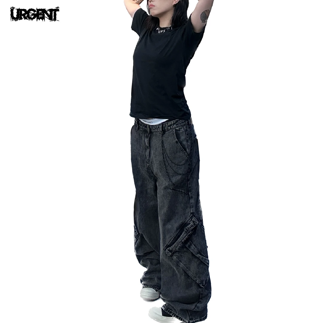 不椒URGENTX 踢踢同款工装日系街头裤兜拖地厚牛仔裤