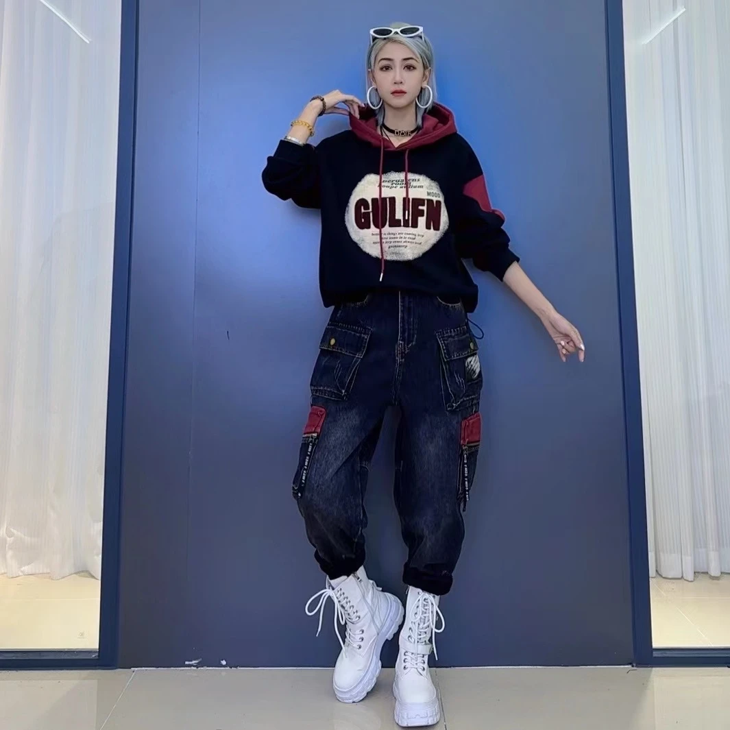 潮流字母拼色冬款加绒连帽卫衣-复古百搭宽松时尚工装加绒牛仔裤