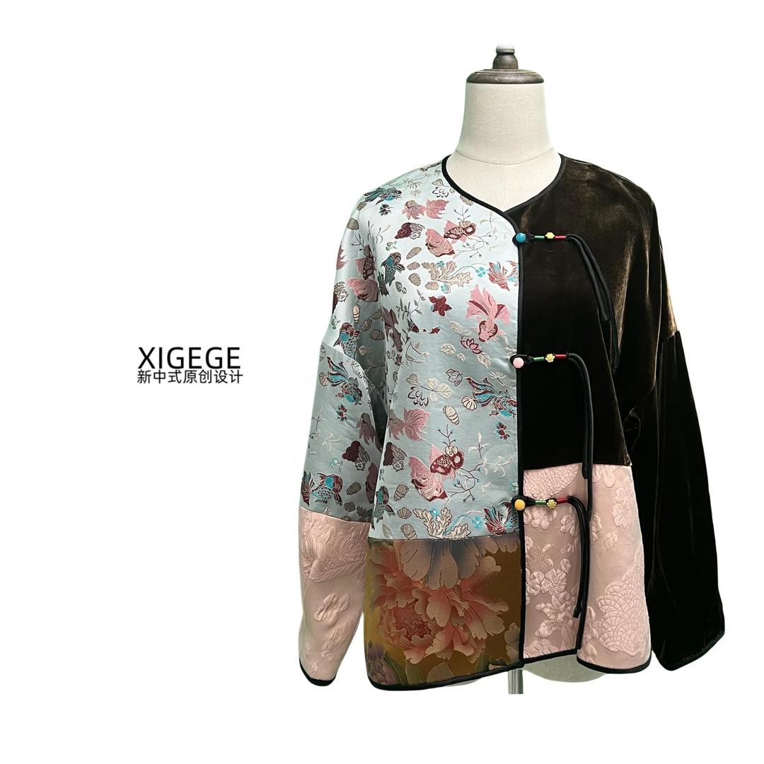 XIGEGE桑蚕丝撞色拼接阔版国潮新中式短外套490083