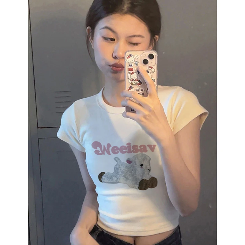 纯欲风上衣ins潮夏装正肩洋气印花短袖修身显瘦小众辣妹短款t恤女