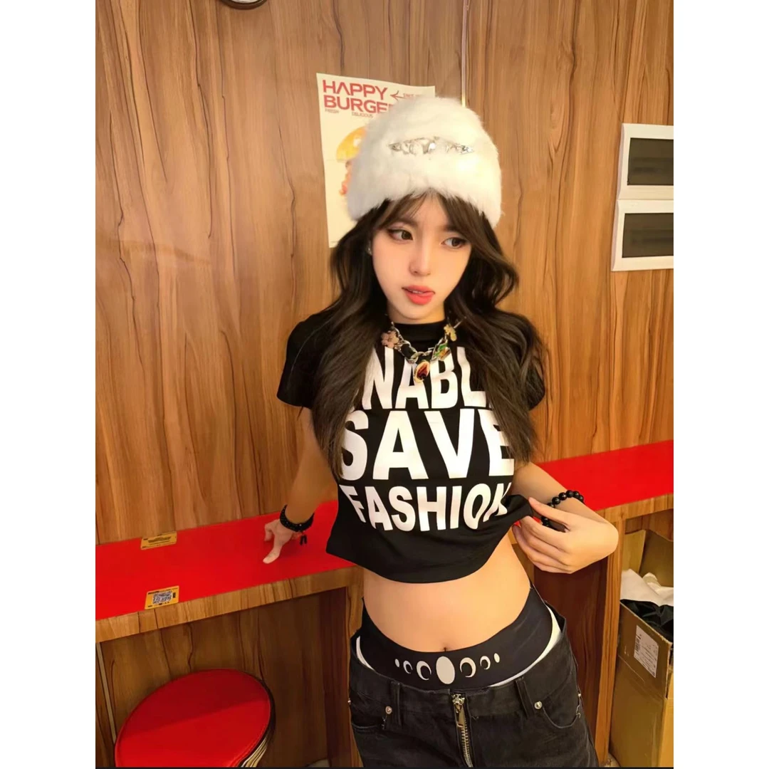 美式创意字母印花辣妹风短袖正肩T恤夏季新款黑色修身短款上衣女