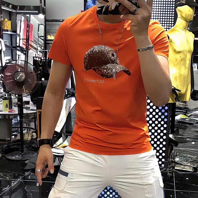 2024夏季丝光棉男士短袖潮牌帽子烫钻网红个性潮流修身半袖t恤男