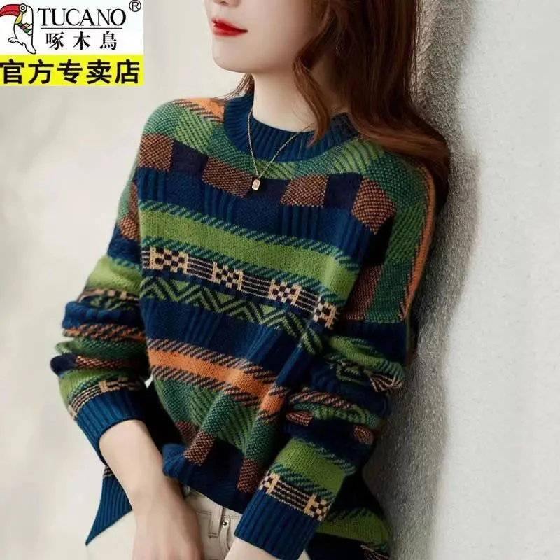 啄木鸟秋季针织打底衫套头毛衣女2023新款百搭条纹拼色慵懒风上衣