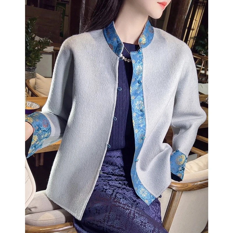 宋锦新中式上衣外套女秋冬骆驼绒双面羊毛小个子短款呢大衣SM1310