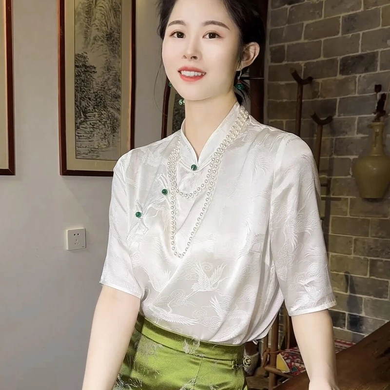 【瑶瑶真丝】CS5199 中式盘扣白色仙鹤桑蚕丝上衣夏提花五分袖衬衫
