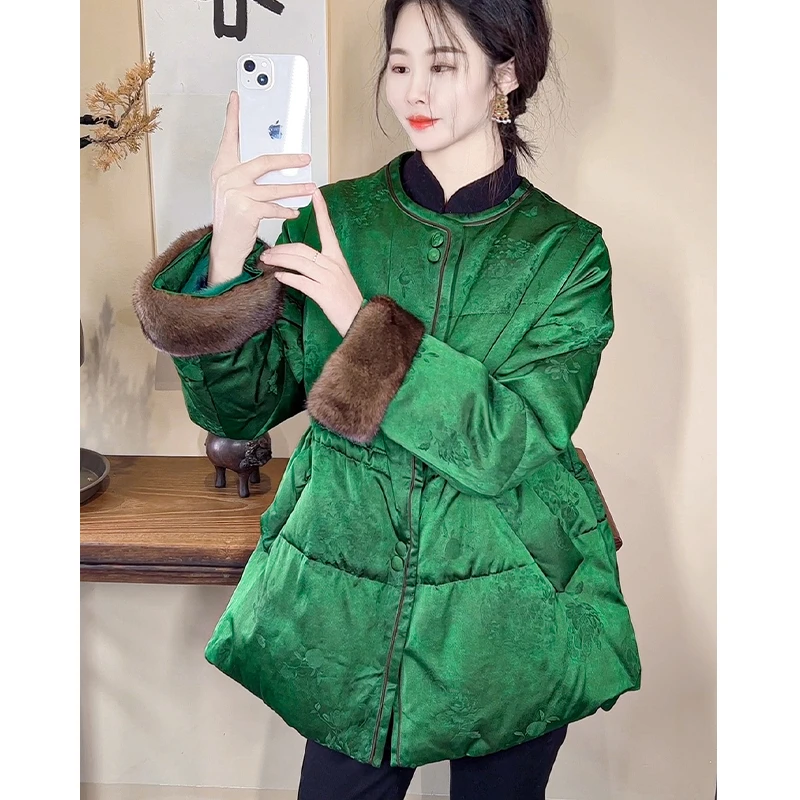 进口水貂+白鹅绒新中式绿色羽绒服女冬季收腰保暖国风外套YR2383