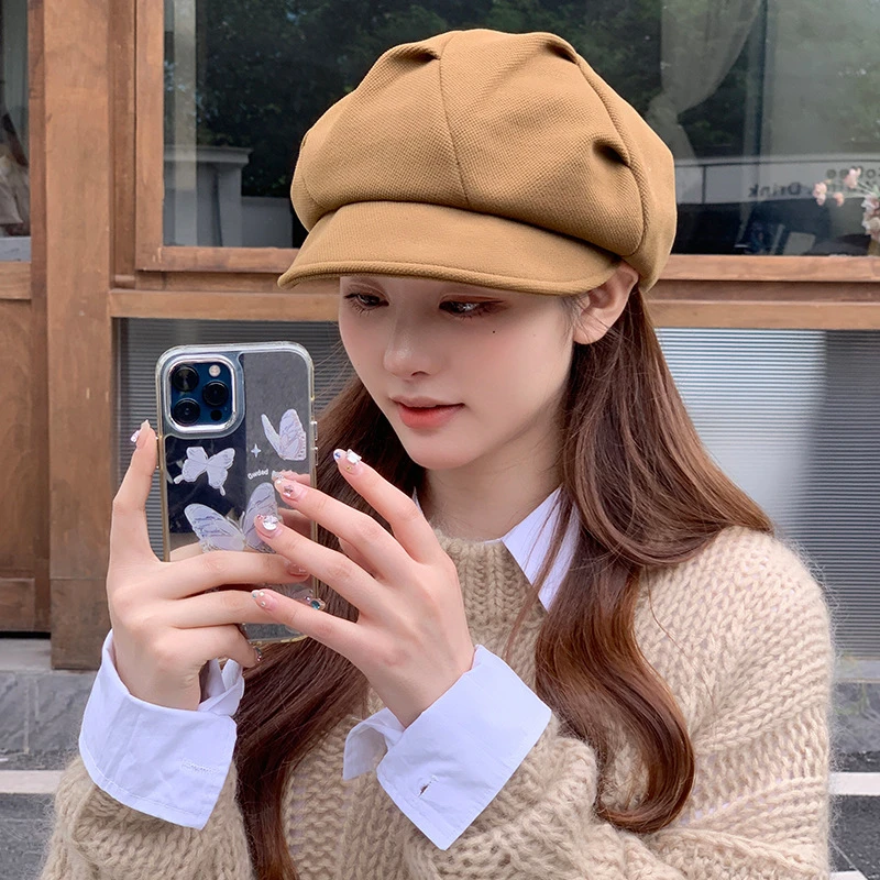 韩版毛呢云朵贝雷帽子女秋冬季网红纯色八角帽休闲时尚文艺画家帽