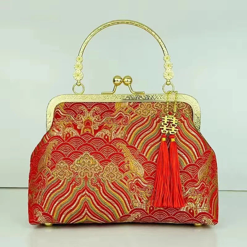 【欢喜红大号】新中式国风旗袍马面裙搭配复古斜挎肩包红色婚礼A374