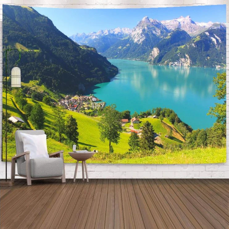 风景山水超大墙布背景布北欧床头卧室客厅装饰挂毯壁毯遮挡挂布