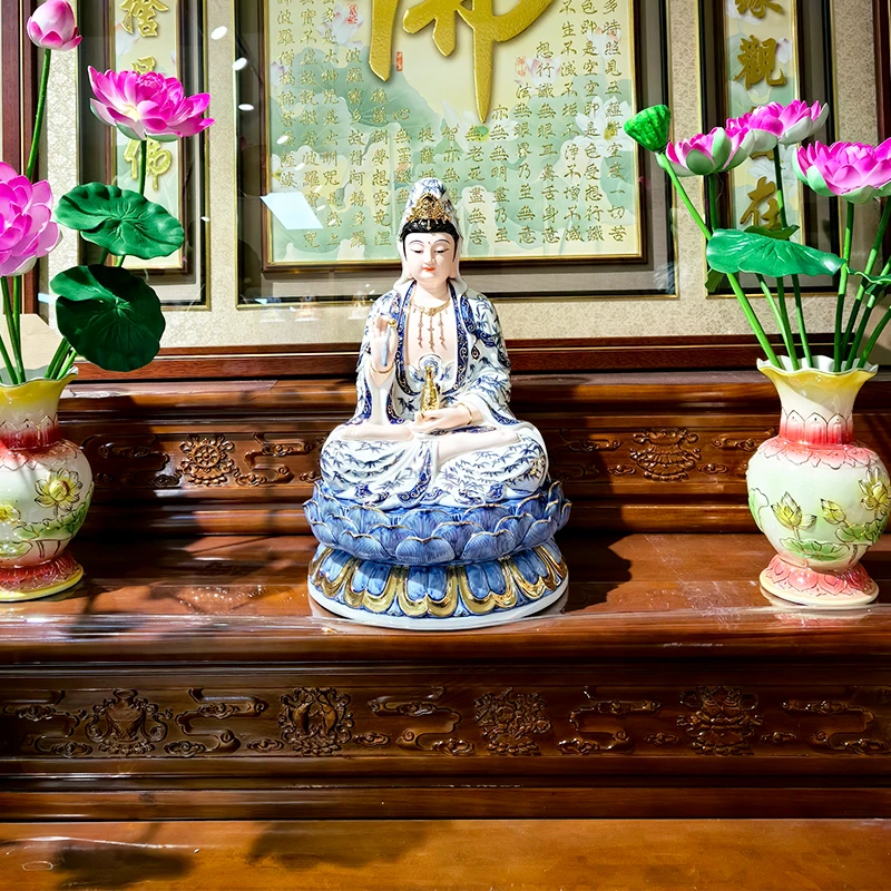 【手绘青花瓷观音】青花瓷观音佛像佛具客厅家用摆件19寸