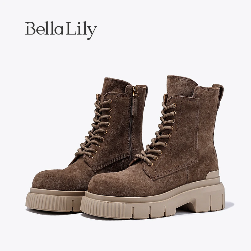 BellaLily冬季新款牛皮复古马丁靴女增高中筒靴时尚机车靴子