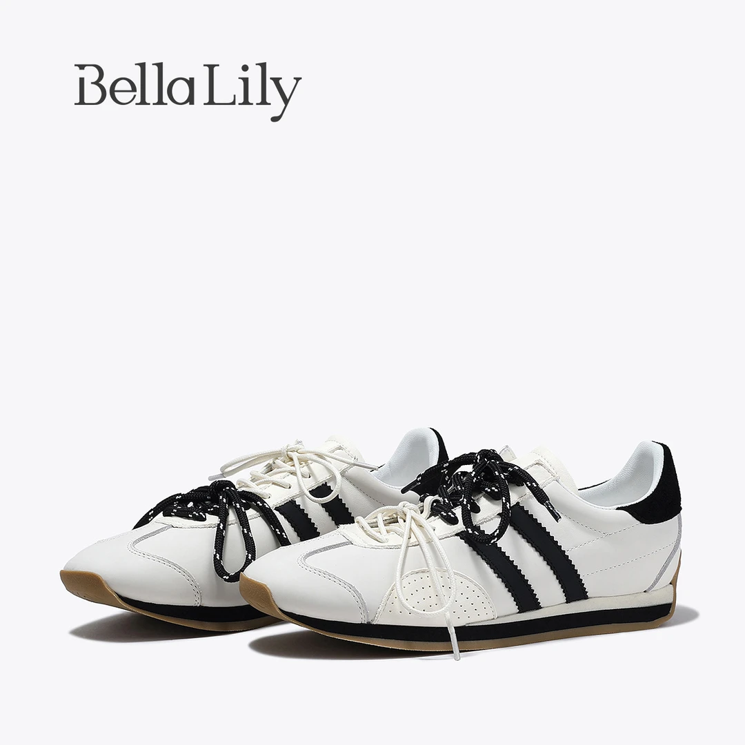 BellaLily秋款复古通勤德训鞋软底斜杠休闲鞋经典百搭小白鞋