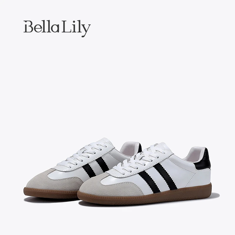 BellaLily春季新款经典真皮德训鞋女显脚小板鞋百搭平底鞋子