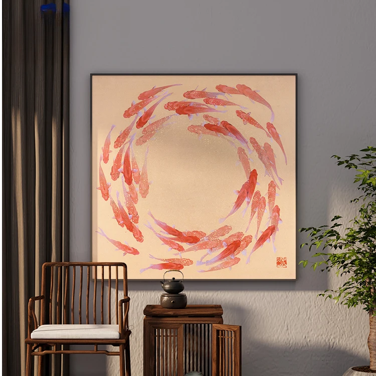 新中式茶室卧室床头客厅装饰画聚财鲤鱼入户玄关壁画方形艺术挂画