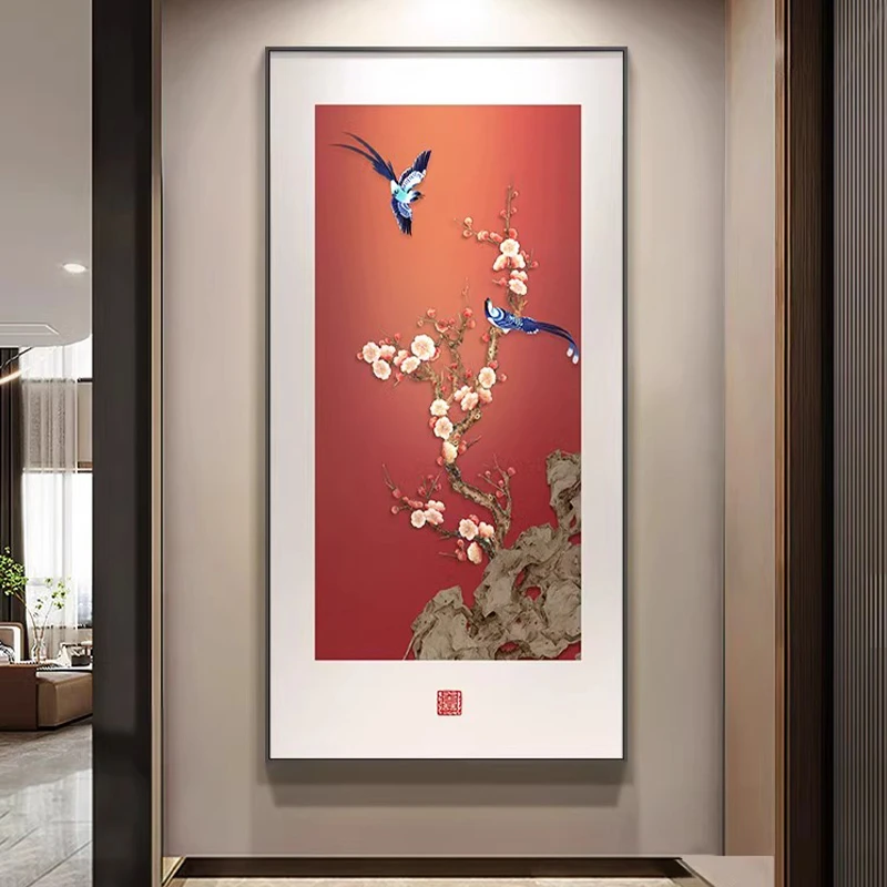 新中式喜气盈门竖版入户玄关装饰挂画国风寓意好走廊玄关装饰画