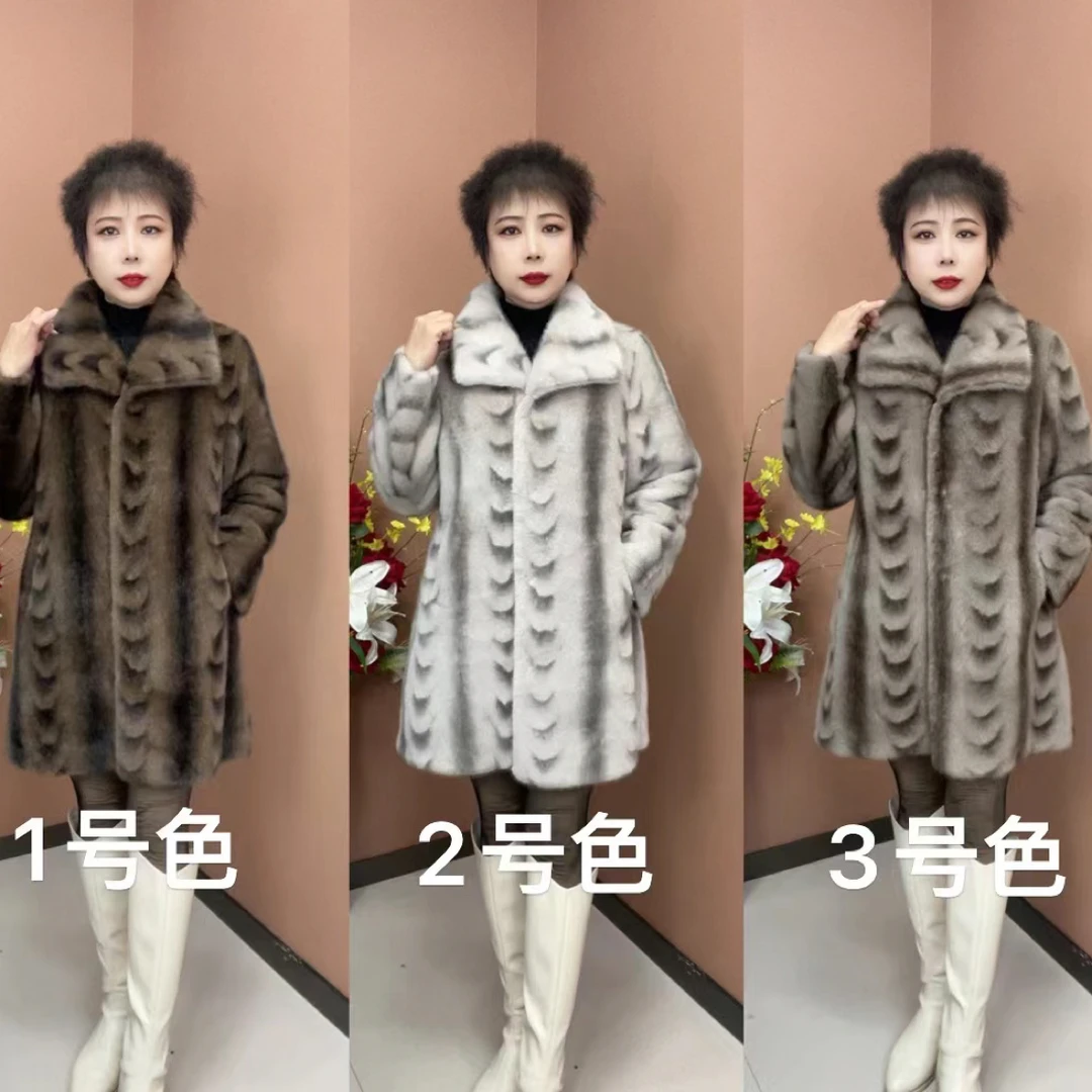 人造皮草 F001新款中长款西服领高仿一体貂绒妈妈外套