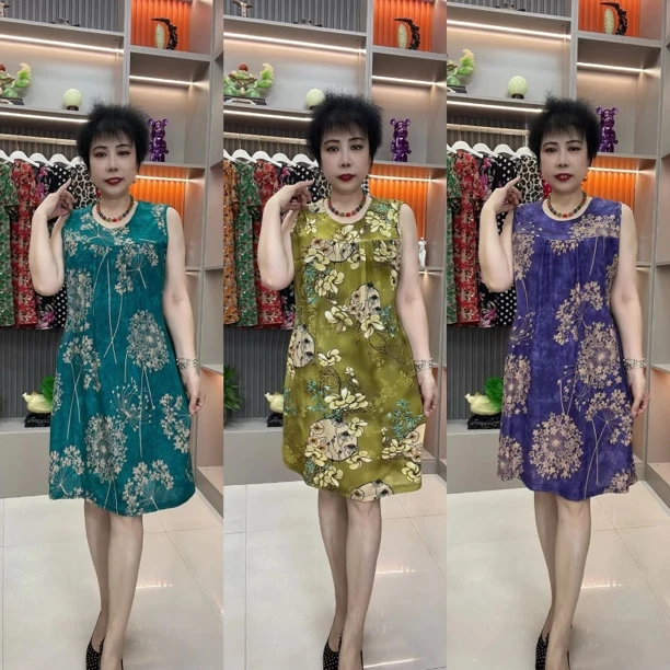 无品牌096新款圆领中长款连衣裙时尚洋洋气妈妈睡裙