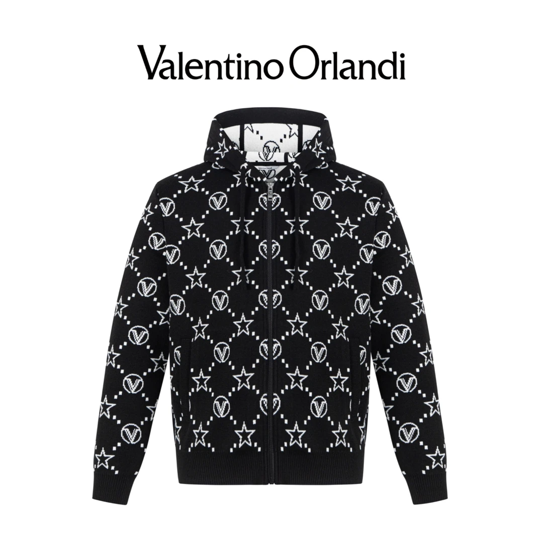 Valentino orlandi男士秋季B版时尚休闲老花字母针织夹克连帽外套