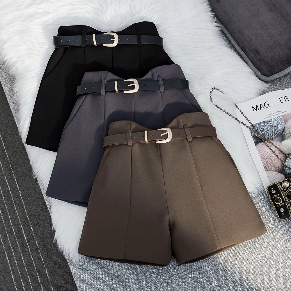 卡其色西装短裤女春秋2025新款显瘦高腰休闲花苞a字阔腿裤配腰带